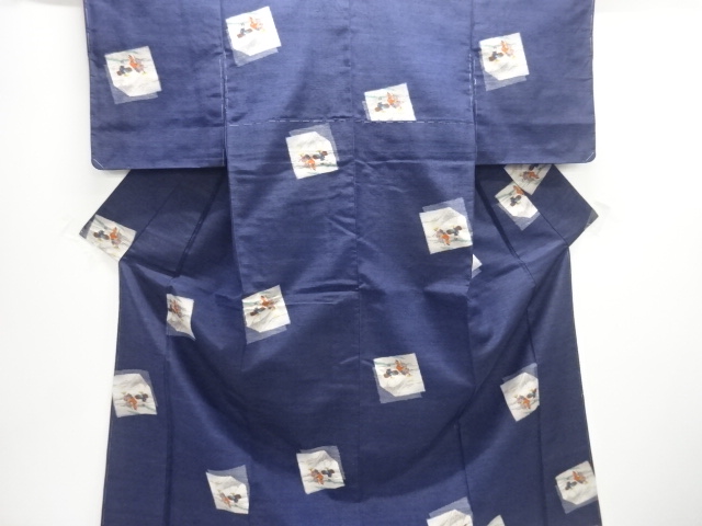 未使用品　色紙に旅人模様織出し手織り紬着物